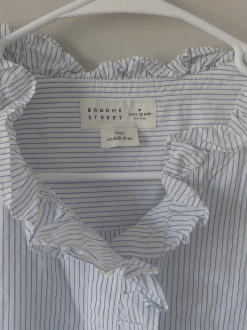 kate spade Light Blue and White Pinstripe Ruffle Collar Button-Front Shirt - Picture 4 of 4